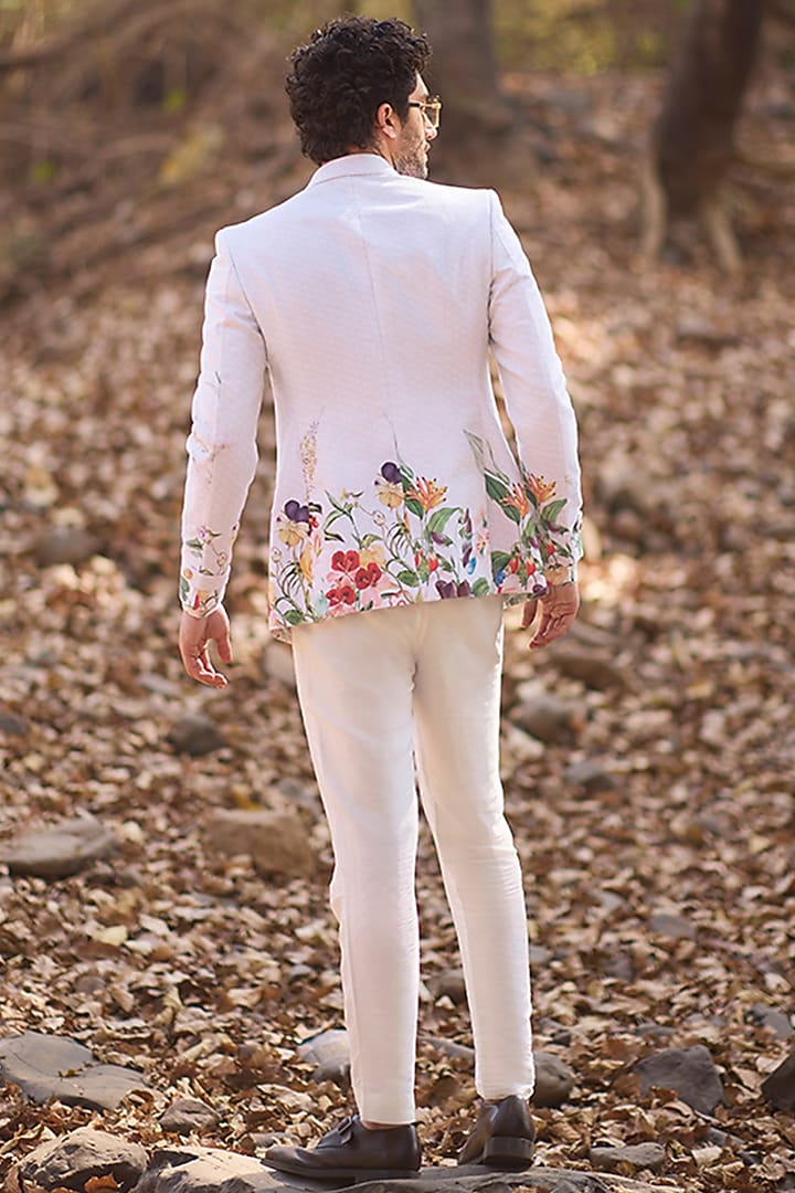 White Denim Floral Printed Double-Breasted Blazer by Nirmooha Men at Pernia's Pop Up Shop