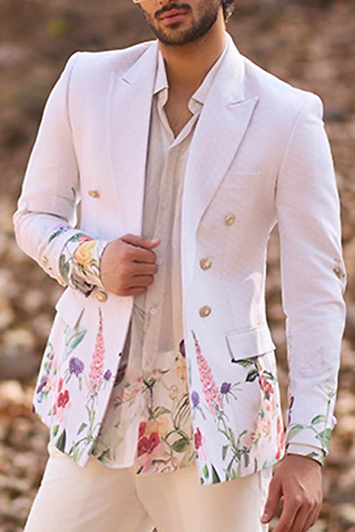 White Denim Floral Printed Double-Breasted Blazer by Nirmooha Men at Pernia's Pop Up Shop