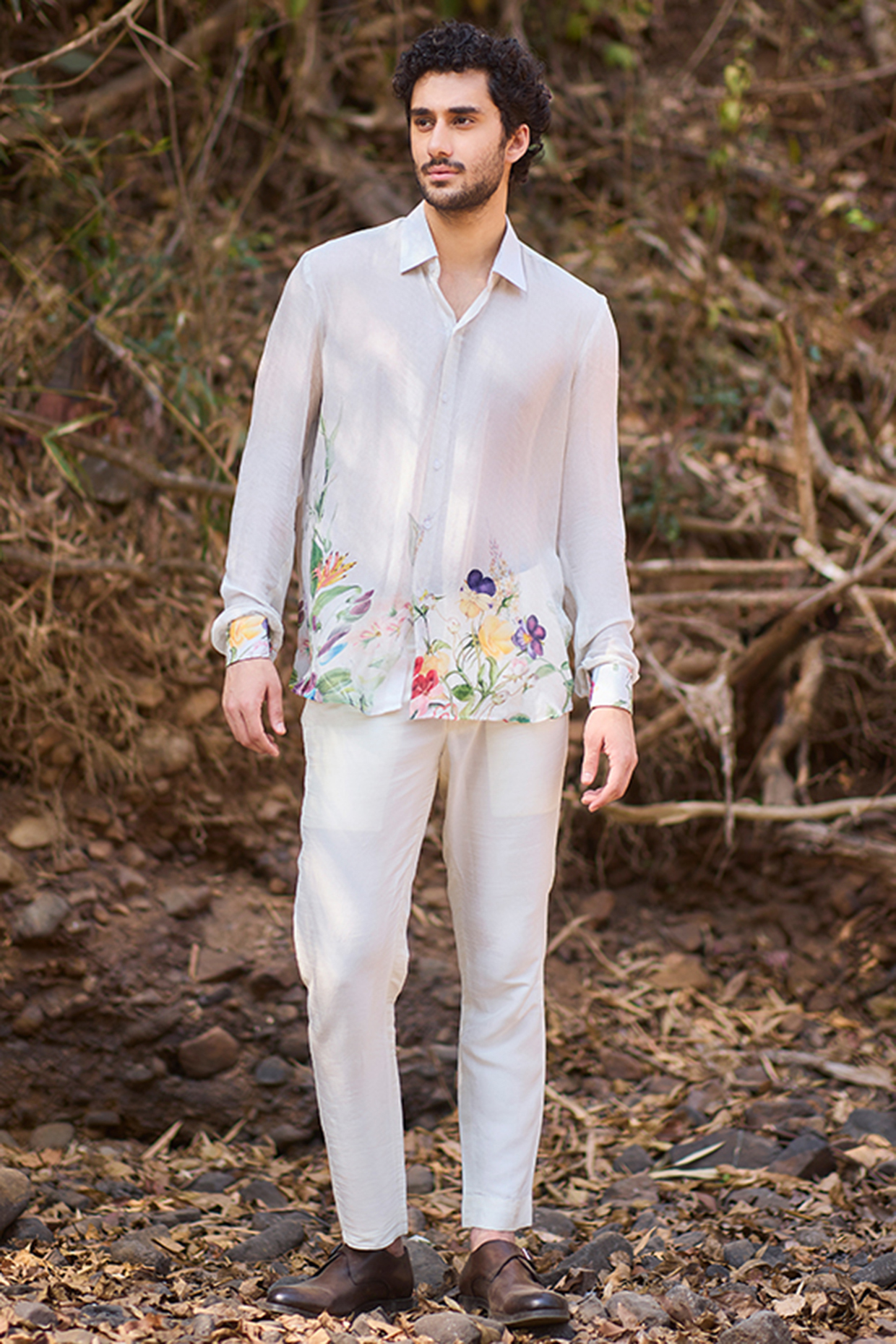 White Denim & Nokia Silk Floral Printed Shirt by Nirmooha Men