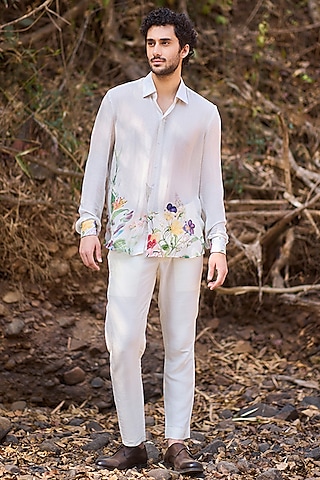 White Denim & Nokia Silk Floral Printed Shirt by Nirmooha Men
