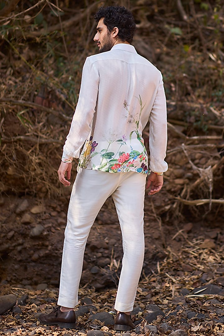 White Denim & Nokia Silk Floral Printed Party Wear Shirt by Nirmooha Men at Pernia's Pop Up Shop