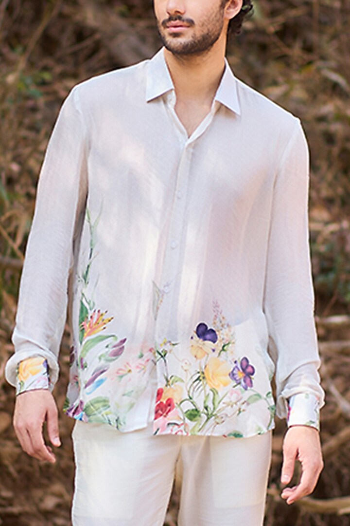 White Denim & Nokia Silk Floral Printed Party Wear Shirt by Nirmooha Men at Pernia's Pop Up Shop