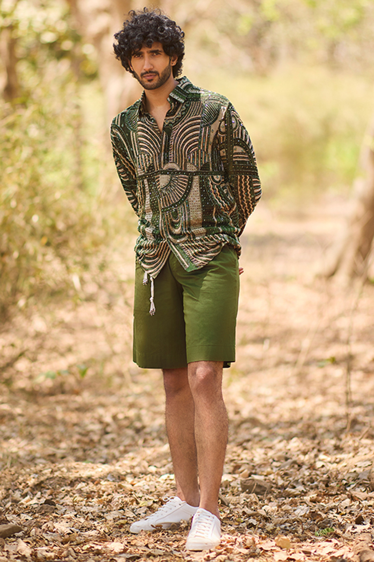 Green Chiffon Geometric Printed Shirt by Nirmooha Men