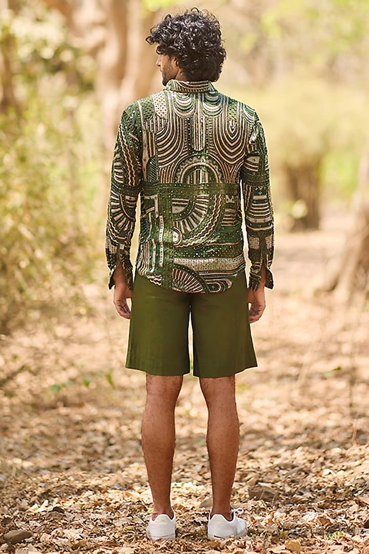 Green Chiffon Geometric Printed Wedding Shirt by Nirmooha Men at Pernia's Pop Up Shop