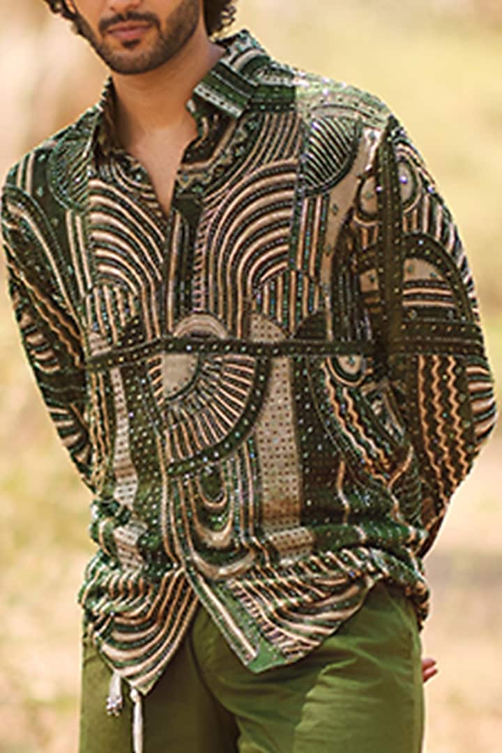 Green Chiffon Geometric Printed Wedding Shirt by Nirmooha Men at Pernia's Pop Up Shop