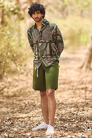 Green Cotton Shorts With Belt by Nirmooha Men