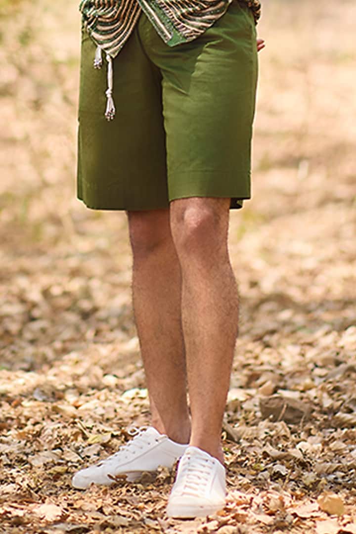 Green Cotton Shorts With Belt by Nirmooha Men at Pernia's Pop Up Shop
