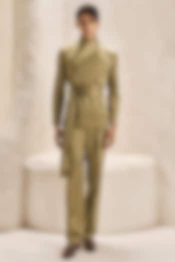 Olive Green Bemberg Satin Co-Ord Set by Nirmooha Men at Pernia's Pop Up Shop