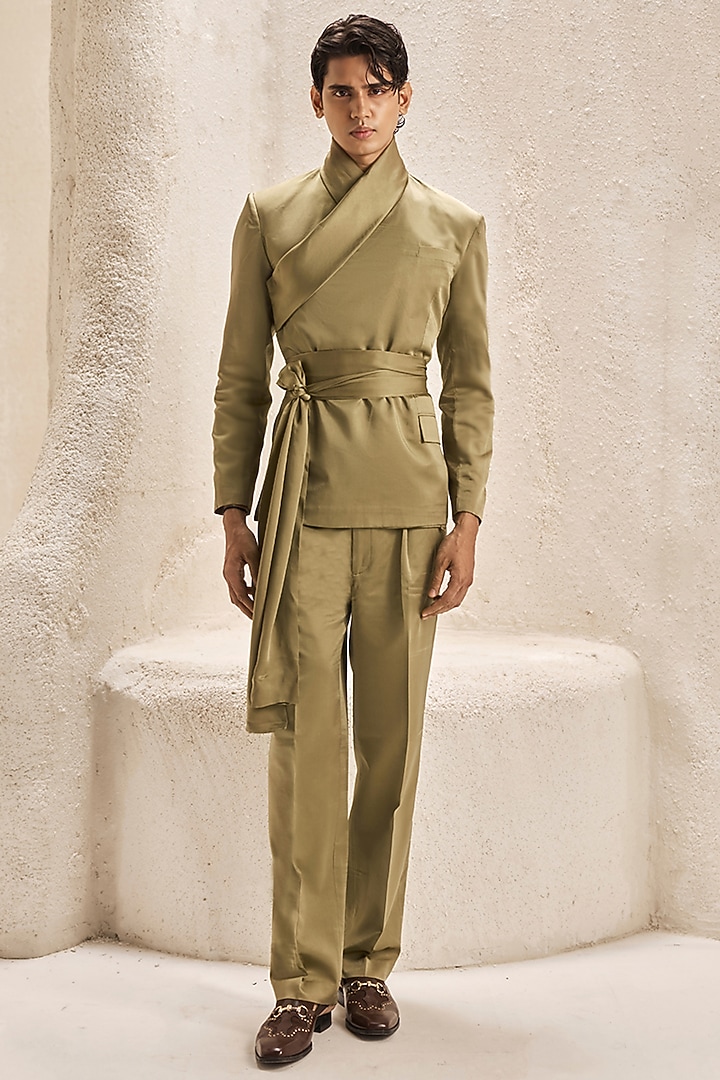 Olive Green Bemberg Satin Co-Ord Set by Nirmooha Men at Pernia's Pop Up Shop