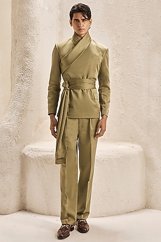 Olive Green Bemberg Satin Co-Ord Set by Nirmooha Men