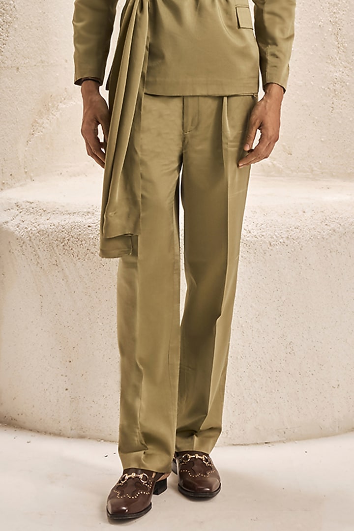 Olive Green Bemberg Satin Co-Ord Set by Nirmooha Men at Pernia's Pop Up Shop