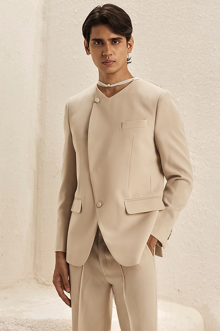 Pearl Ivory Micro Blazer Set by Nirmooha Men at Pernia's Pop Up Shop