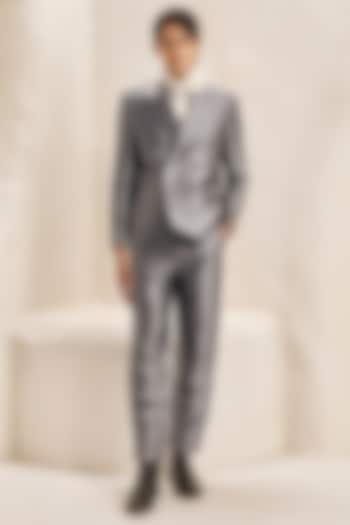 Metallic Grey Silk Taffeta Blazer Set by Nirmooha Men at Pernia's Pop Up Shop