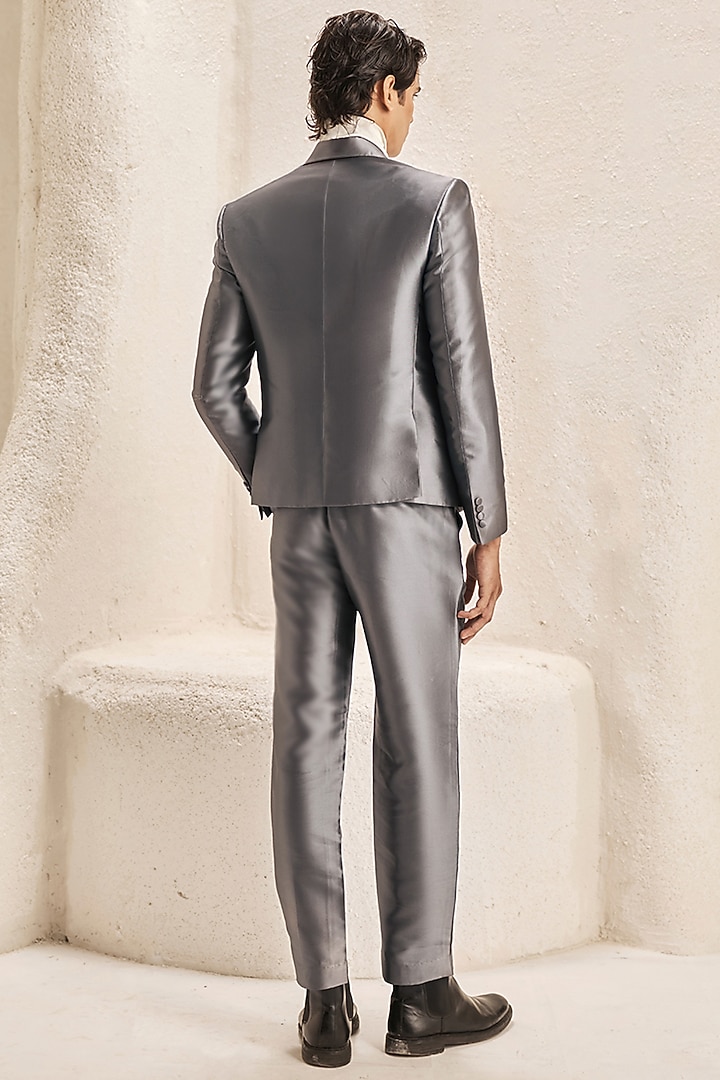 Metallic Grey Silk Taffeta Blazer Set by Nirmooha Men at Pernia's Pop Up Shop