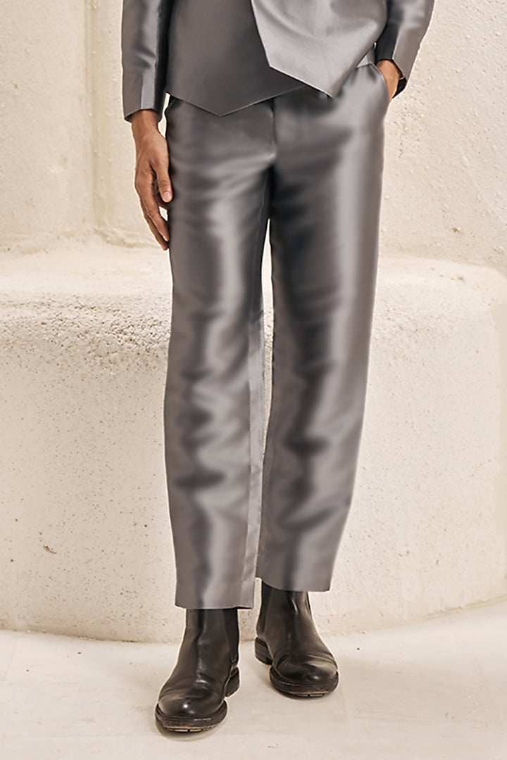 Metallic Grey Silk Taffeta Blazer Set by Nirmooha Men at Pernia's Pop Up Shop