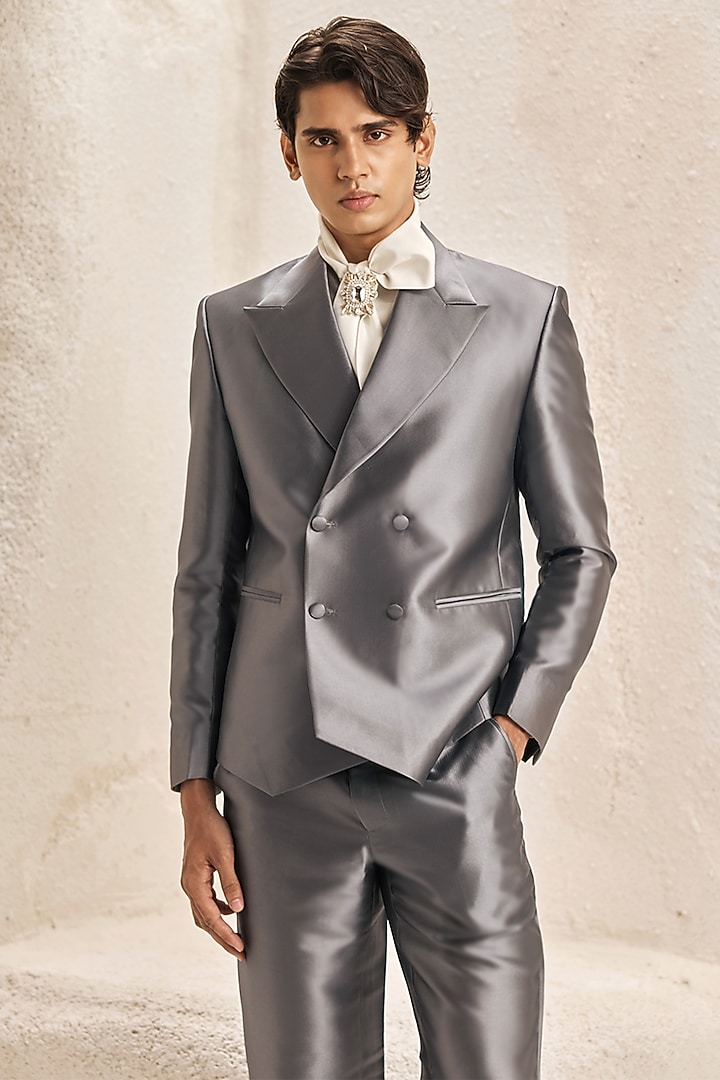 Metallic Grey Silk Taffeta Blazer Set by Nirmooha Men at Pernia's Pop Up Shop