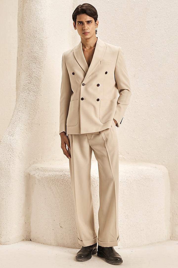 Pearl Ivory Micro Fabric Double-Breasted Tuxedo Set by Nirmooha Men at Pernia's Pop Up Shop