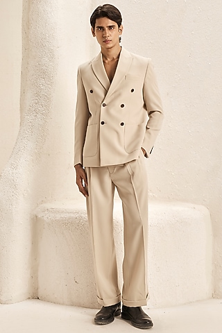 Pearl Ivory Micro Fabric Double-Breasted Tuxedo Set by Nirmooha Men