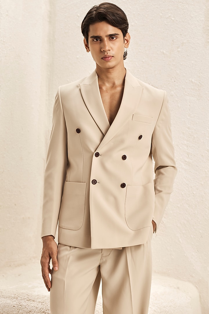 Pearl Ivory Micro Fabric Double-Breasted Tuxedo Set by Nirmooha Men at Pernia's Pop Up Shop