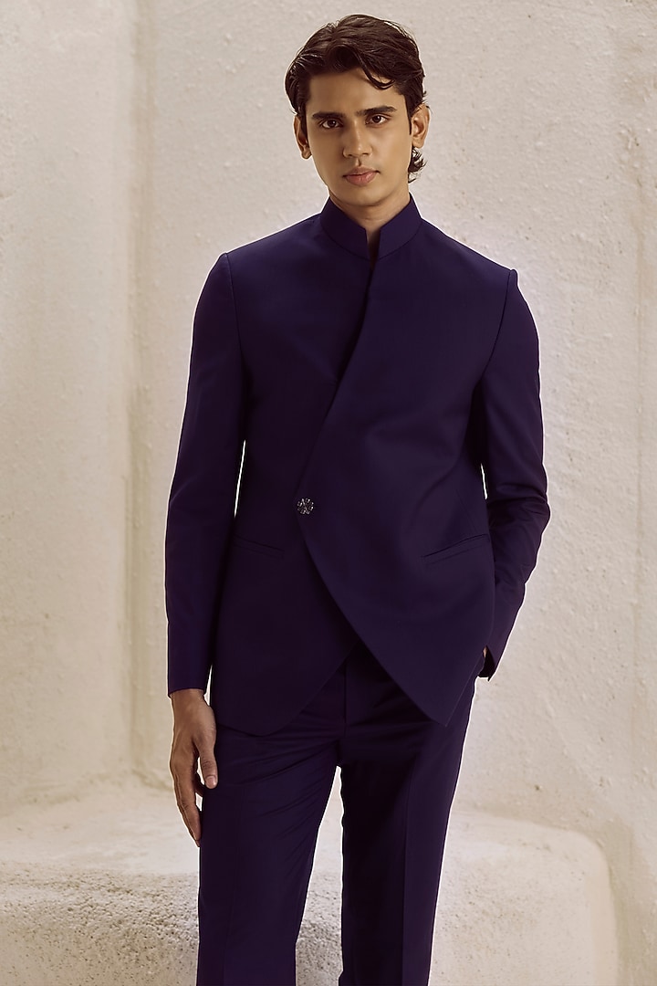 Deep Plum Suiting Wedding Bandhgala Set by Nirmooha Men at Pernia's Pop Up Shop
