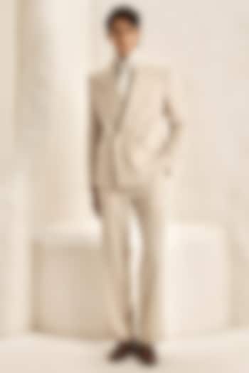 Pearl Ivory Micro Fabric & Bemberg Satin Double-Breasted Tuxedo Set by Nirmooha Men at Pernia's Pop Up Shop