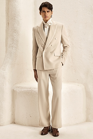 Pearl Ivory Micro Fabric & Bemberg Satin Double-Breasted Tuxedo Set by Nirmooha Men