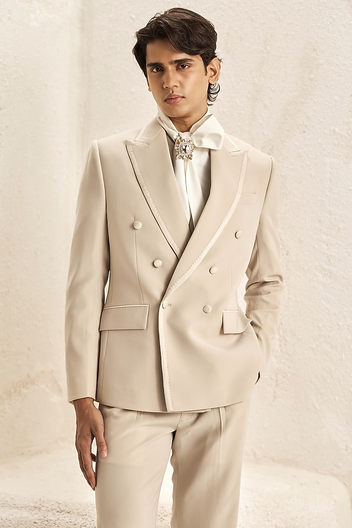 Pearl Ivory Micro Fabric & Bemberg Satin Double-Breasted Tuxedo Set by Nirmooha Men at Pernia's Pop Up Shop