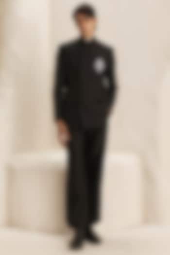 Black Suiting & Micro Wedding Bandhgala Set by Nirmooha Men at Pernia's Pop Up Shop
