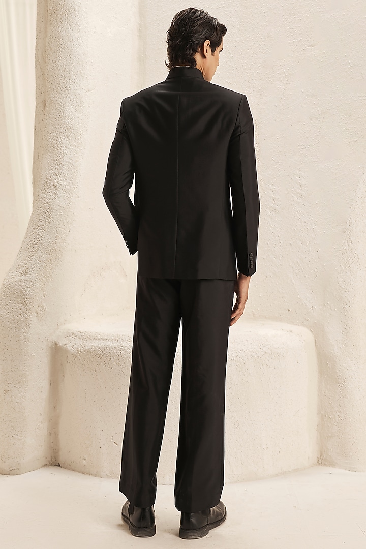 Black Suiting & Micro Wedding Bandhgala Set by Nirmooha Men at Pernia's Pop Up Shop