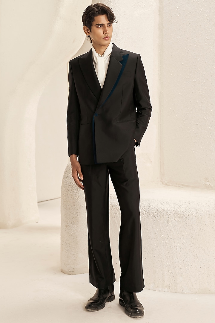 Black Suiting & Micro Jacket Set by Nirmooha Men at Pernia's Pop Up Shop