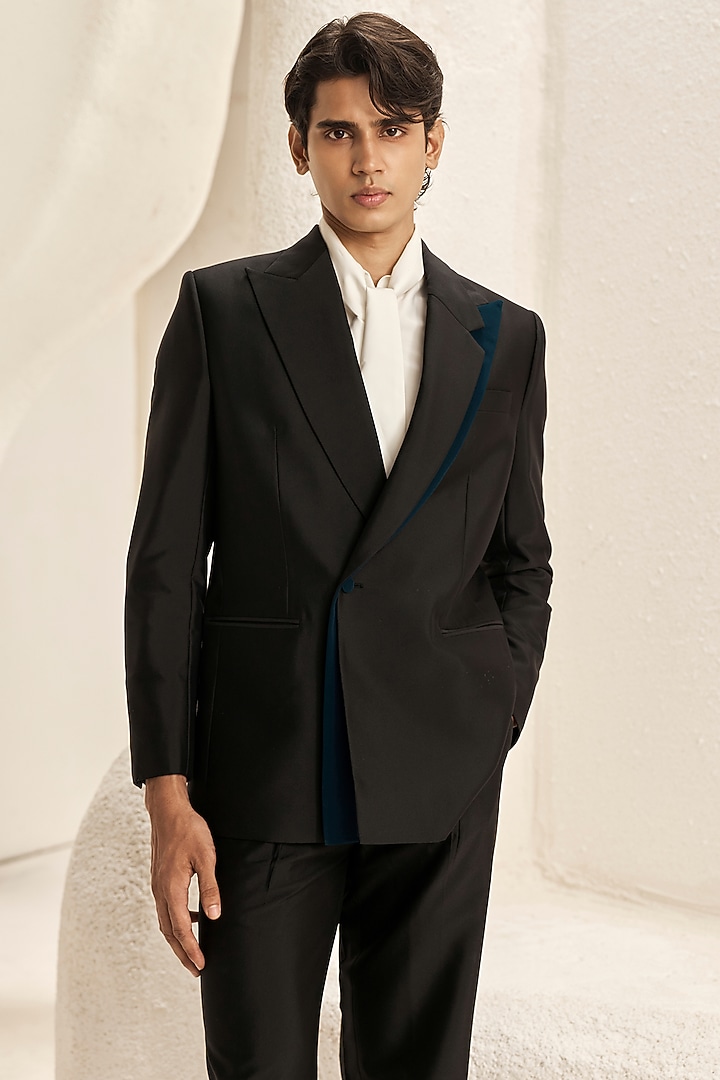 Black Suiting & Micro Jacket Set by Nirmooha Men at Pernia's Pop Up Shop