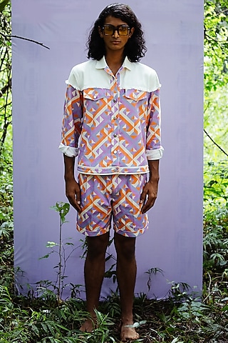 Multi-Colored Denim Geometric Printed Bermuda Shorts by Nirmooha Men