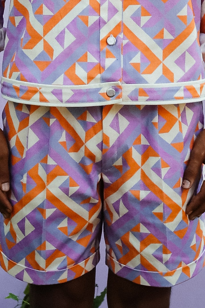 Multi-Colored Denim Geometric Printed Bermuda Shorts by Nirmooha Men at Pernia's Pop Up Shop