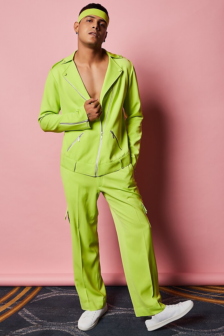 Lime Green Micro Jacket With Belt by Nirmooha Men