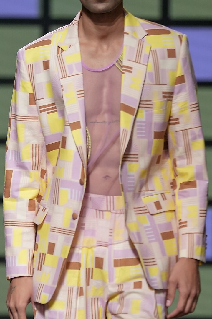 Lemon Yellow Printed Blazer by Nirmooha Men at Pernia's Pop Up Shop