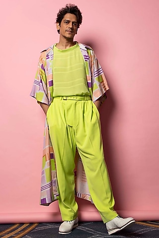 Lime Green Georgette T-Shirt by Nirmooha Men
