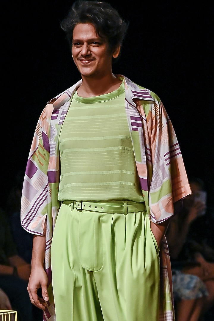 Lime Green Georgette T-Shirt by Nirmooha Men at Pernia's Pop Up Shop