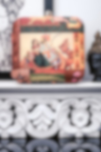 Brown & Yellow Satin Printed Box Clutch by NR By Nidhi Rathi at Pernia's Pop Up Shop