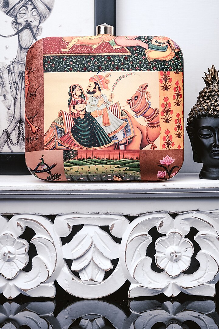 Brown & Yellow Satin Printed Box Clutch by NR By Nidhi Rathi at Pernia's Pop Up Shop