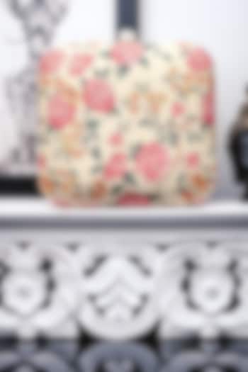 Cream & Pink Satin Printed Box Clutch by NR By Nidhi Rathi at Pernia's Pop Up Shop