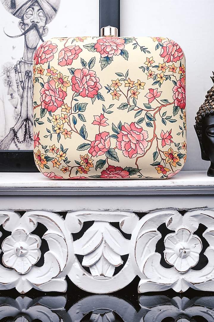 Cream & Pink Satin Printed Box Clutch by NR By Nidhi Rathi at Pernia's Pop Up Shop