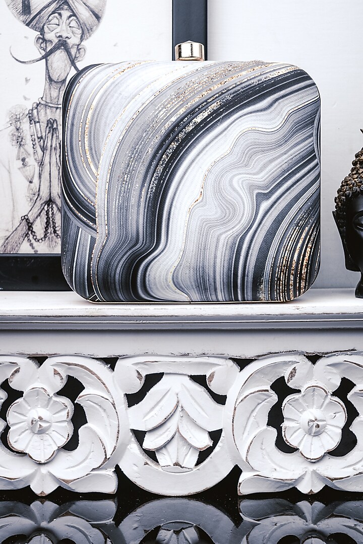 White & Grey Satin Printed Box Clutch by NR By Nidhi Rathi at Pernia's Pop Up Shop