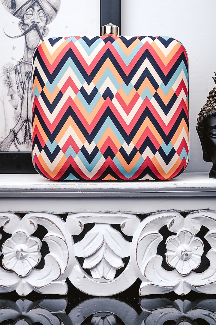 White & Yellow Satin Printed Box Clutch by NR By Nidhi Rathi at Pernia's Pop Up Shop