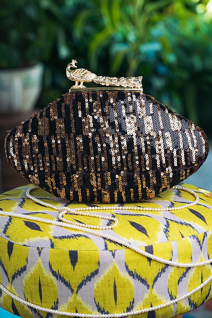 Black & Gold Sequins Embellished Box Clutch by NR By Nidhi Rathi