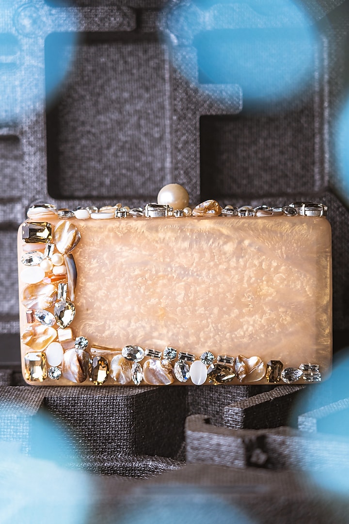 Beige & Gold Resin Embellished Box Clutch by NR By Nidhi Rathi at Pernia's Pop Up Shop