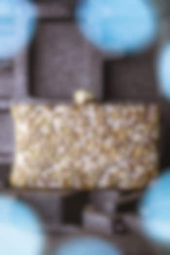 Beige & Gold Mother Of Pearl Embellished Box Clutch by NR By Nidhi Rathi at Pernia's Pop Up Shop