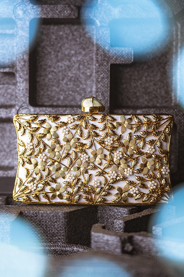 Beige & Gold Mother Of Pearl Embellished Box Clutch by NR By Nidhi Rathi at Pernia's Pop Up Shop