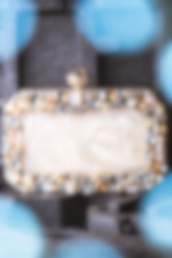 Beige & Gold Resin Embellished Box Clutch by NR By Nidhi Rathi at Pernia's Pop Up Shop