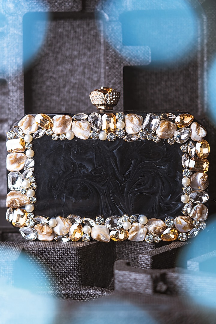 Black & White Resin Embellished Box Clutch by NR By Nidhi Rathi