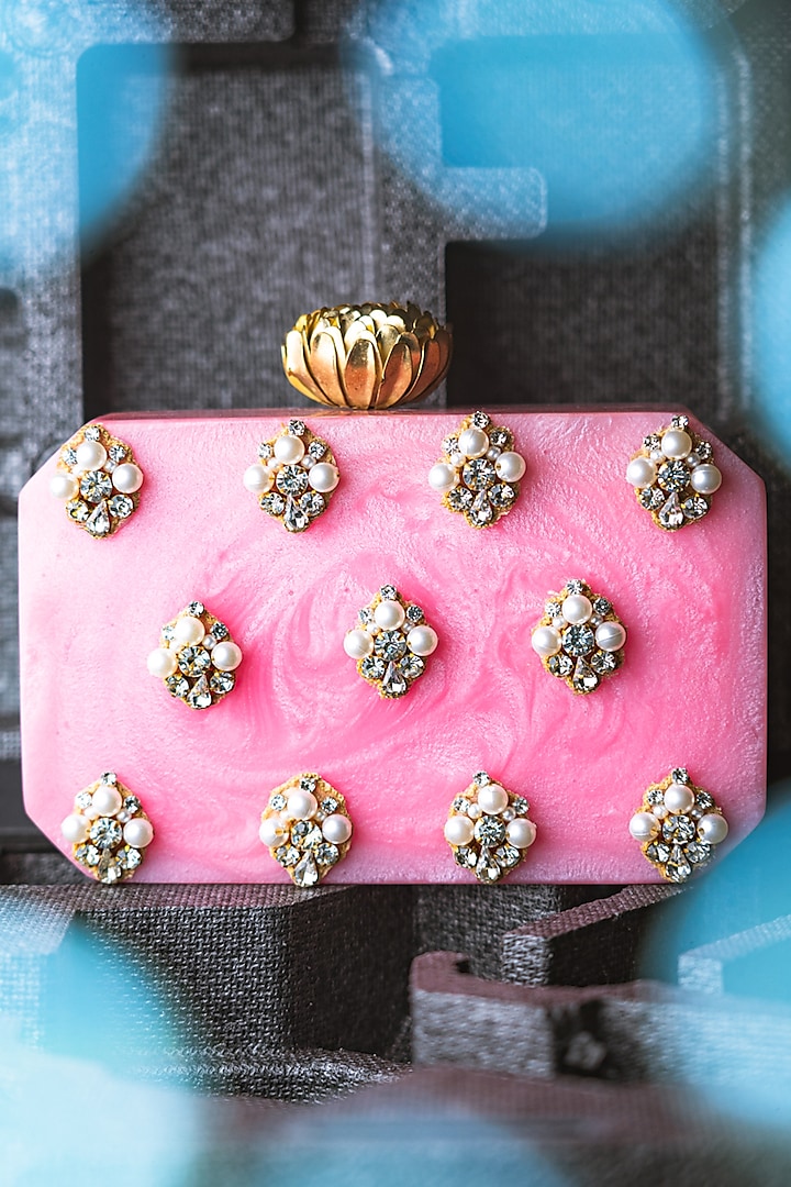 Pink & White Resin Embellished Box Clutch by NR By Nidhi Rathi
